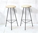 Lot 522:  Pr Hairpin Iron Bar Stools. Three Legged retro Weinberg style. Cream & gold cuushions. : Dimensions:  H: 27 inches: W: 16 inches: D: 16 inches --- 