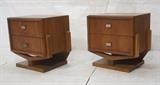 Lot 523:  Pr Two Drawer Modernist Night Stands. Raised on "Y" Wood base. Unique metal nugget pulls. : Dimensions:  H: 25 inches: W: 23.5 inches: D: 18.5 inches --- 