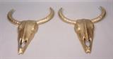 Lot 526:  Pr Gold tone Aluminum Steer Heads. Wall Mount Hanging. : Dimensions:  H: 21 inches: W: 16 inches: D: 3 inches --- 