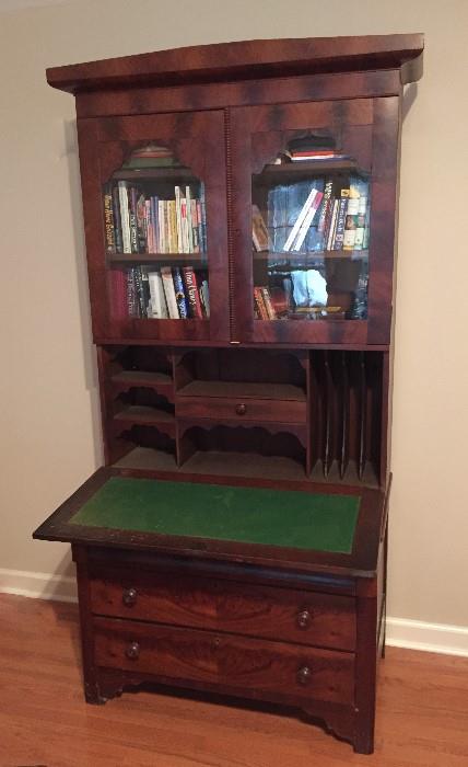 Large Antique Flame Mahogany Empire Secretary Bookcase Cabinet
 