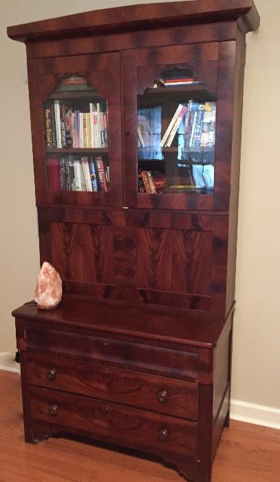 Large Antique Flame Mahogany Empire Secretary Bookcase Cabinet
