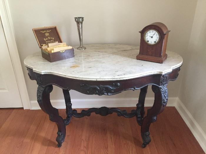 Victorian Marble Top Table, Clock, Foreign Coins