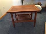 Teak Danish modern end table with inlay on top, from International Design Center