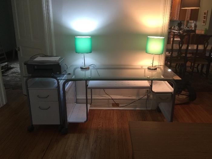 Desk with File cabinets, Printer and Lamps