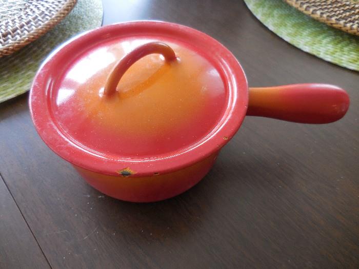 Vintage Descoware Flame Orange Small Sauce Pan/ Lid has slight nibble on lid