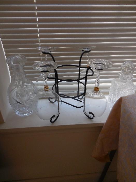 Crystal Wine Glasses in Wrought Iron holder, Crystal Decanters 
