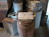 30 & 25 gal. crocks, orig. paint barrel, Rogers paint box, wall mount towel holder