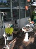 Metal shelf, metal plant holder, birdbath, metal table and decor