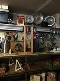 Garage, Heaters on top shelf, vintage fan, tools, vintage Stanley Thermos, Hardware