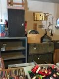 Great heavy metal shelf, footlockers, metal cabinet, vintage hub caps, toys