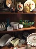 Bookcase, milk glass, china, Fenton carnival glass bowl, Japan wall pocket, McCoy planter, art glass
