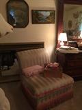 Slipper chair, Large Mirror behind chair, Vintage print and original art work, vintage lamps