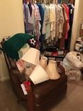 Reclining chair, lamp shades, throws