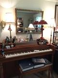 Vintage Piano, Stamp and Coin collections, gold framed mirror, Mud Men, Piano baby, Piano light, and Metronome, Toile Lamp