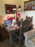 Barley twist table with four chairs, original art works, pottery, wonderful light, florals