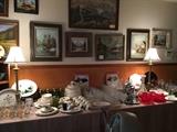 Main table with Poppy Trail, Wexford glass ware, Art glass, lamps, Original art works