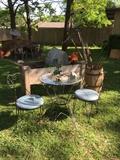 Ice cream table with two chairs, garden tools