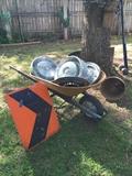 Wheel barrow, Vintage Hub caps, metal sign