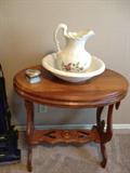 Vintage pitcher and bowl and gorgeous oak entry table.