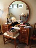 Art deco dresser with vanity bench and round mirror. Beautiful condition.