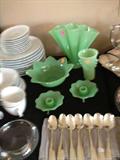 Great jadeite pieces and original 13 colonies commemorative spoon set.