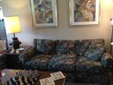 Great tapestry sofa and love seat. Great coffee table and marble top end tables.