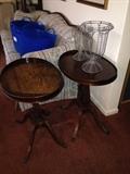 Matching Harp style end tables, one has surface damage