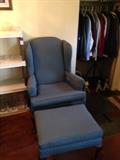 Blue wing back chair and ottoman