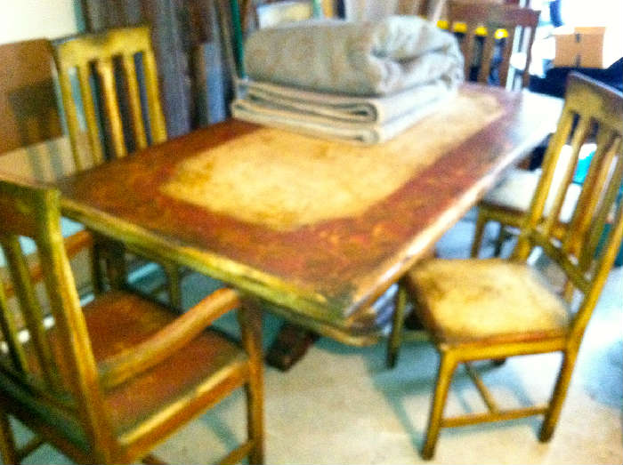 Roberta Schilling custom one of a kind hand painted, Brazilian wood dining room set. Table 83"x42", 2 armchairs and 4 side chairs.