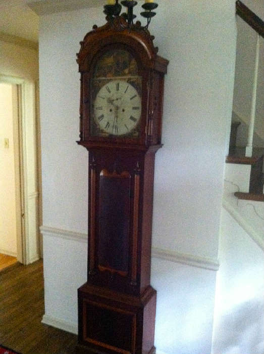 Scottish Tall Case Mahogany Grandfather Clock, Hand Painted Dial, By Turnbull and Young, Glasgow and Dalry, c. 19th Century