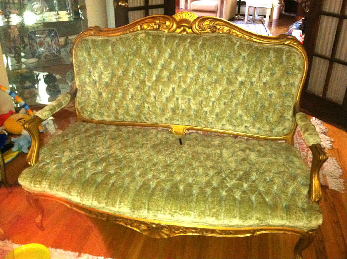 Victorian 3-Piece Parlor Set, Tufted Green Velvet with Ornate Gold Decoration