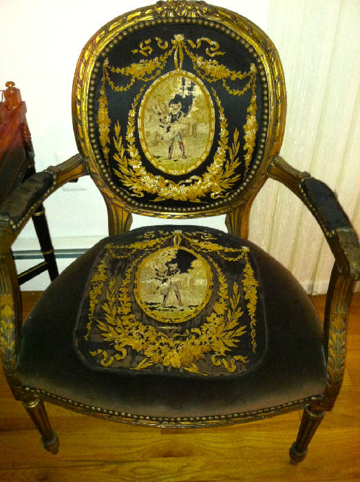 French Style Pettipoint Brown Velvet Arm Chair with Gold Decoration