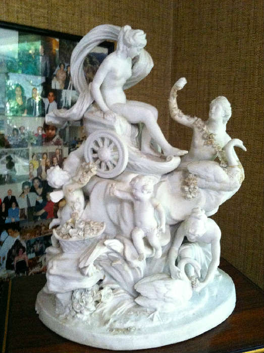 French White Alabaster Figures Signed by Artist (as is) (20" H x 15" W)