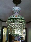 White Cut to Green Glass Hallway Light Fixture, Cut Glass Beads with Hand Painted Decorative Floral