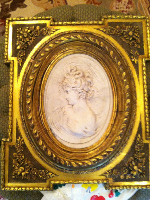Carved Marble Bust in Decorative Gold Carved Frame Exhibited at Universal Exposition, 1889 Coin inlaid in back