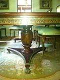 Inlaid Rosewood Dining Room Table with Gilt Bronze Decoration, 2-18” Leaves, 2 Pedestal Base with Hairy Paw Feet, c.1890