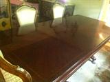 Inlaid Rosewood Dining Room Table with Gilt Bronze Decoration, 2-18” Leaves, 2 Pedestal Base with Hairy Paw Feet, c.1890