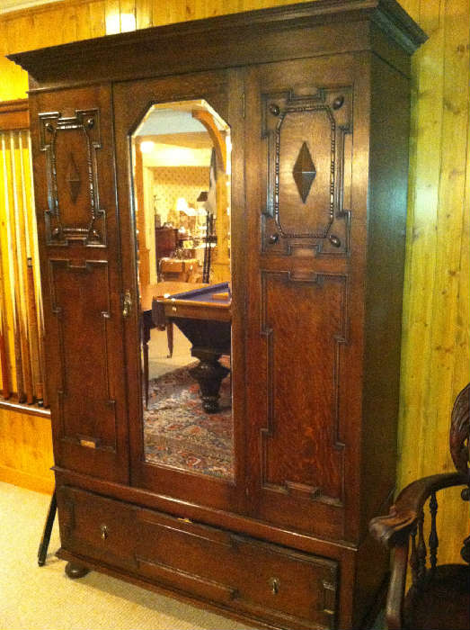 Mirrored Front Carved Oak Armoire with 1 Drawer, c. 1880