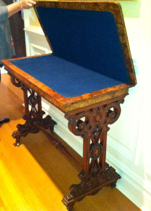 English Carved Burl Walnut Game Table, c. 1860