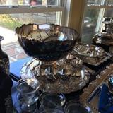 Punch bowl, cups, ladle and tray
