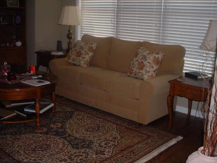 Beautiful and very clean sofa, end tables, coffee table, lamps, and more
