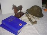 WWI helmet, wooden carved German Shepard, History of WWI