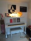 UPRIGHT PIANO. NEEDS TUNING - OTHERWISE, GOOD TONE. PAINTED WHITE - NO MAKER .