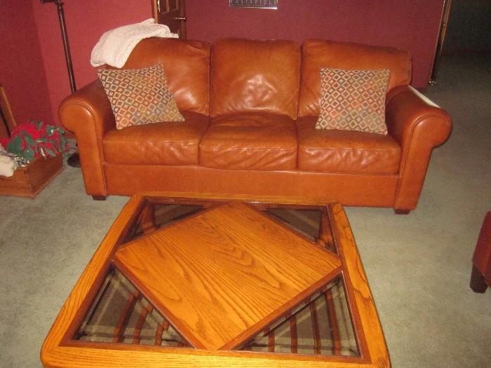 Leather sofa, matching leather chairs, Coffee table with matching end tables