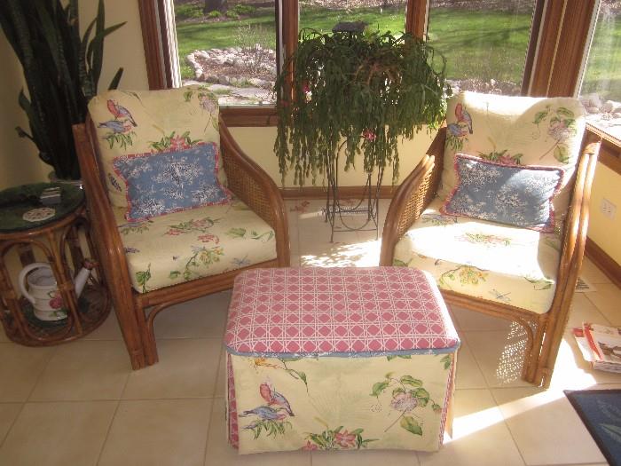 Rattan sunroom furniture, 2 chairs with ottoman, matching sofa.