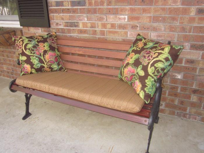 Front porch bench with cushion, pillows