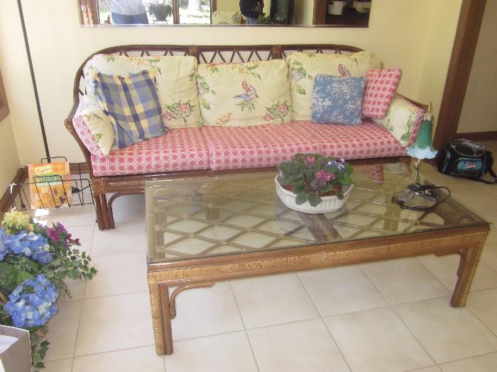 Rattan sunroom furniture, 2 chairs with ottoman, matching sofa and coffee table