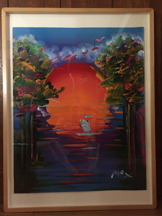 Peter Max - Better World (water landscape with blushing beauty profile)  Authenticated by Russel Belk, Musuem Services Inc. signed both on the front and back * Acrylic on Paper*framed 49"x30-3/4  Last one sold at auction for $10,000 in 2014 Priced at $8,500