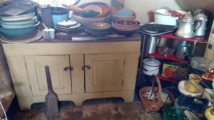 Primitive Cupboard with Pottery Bowls, Granite Ware...