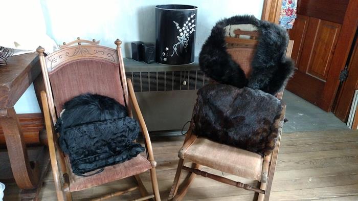 Antique Folding Sewing Rockers with Fur Sleigh Muffs...